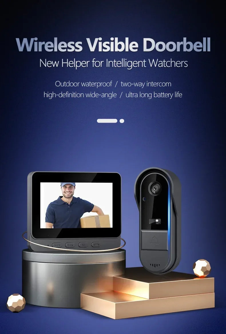 Wireless Wifi Doorbell Camera 1080P Waterproof Video Intercom Doorbell 4.3in IPS Screen Home Security Door Bell IR Night Vision