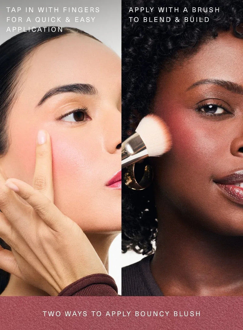 Rare Beauty soft, bouncy powder blush applied to cheeks with fingers or brush for a buildable, blendable makeup finish.