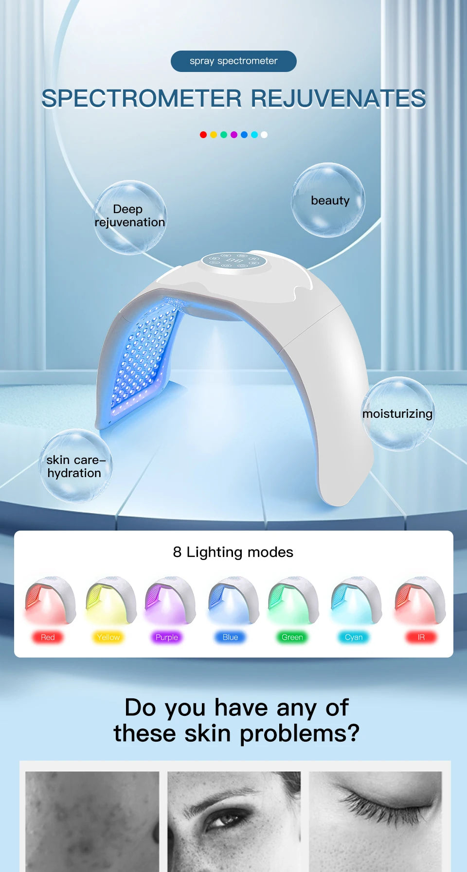 White PDT LED facial light therapy device with 8 light modes for skin rejuvenation and moisturizing home beauty care.