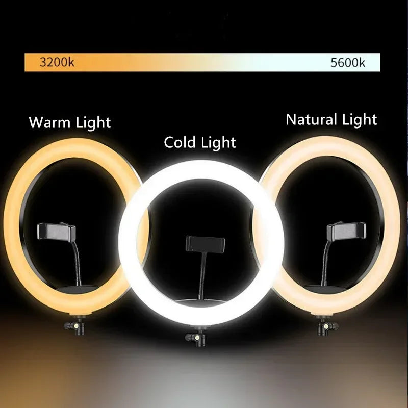 Circular LED ring light with phone holder, showing three adjustable lighting modes: warm, cold, and natural light.