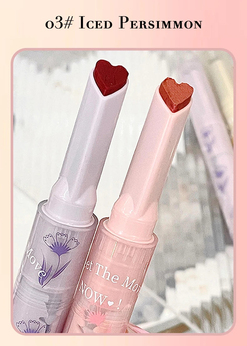 Gege Bear heart-shaped lipstick in Iced Persimmon, glossy jelly finish, moisturizing lip makeup in floral packaging.
