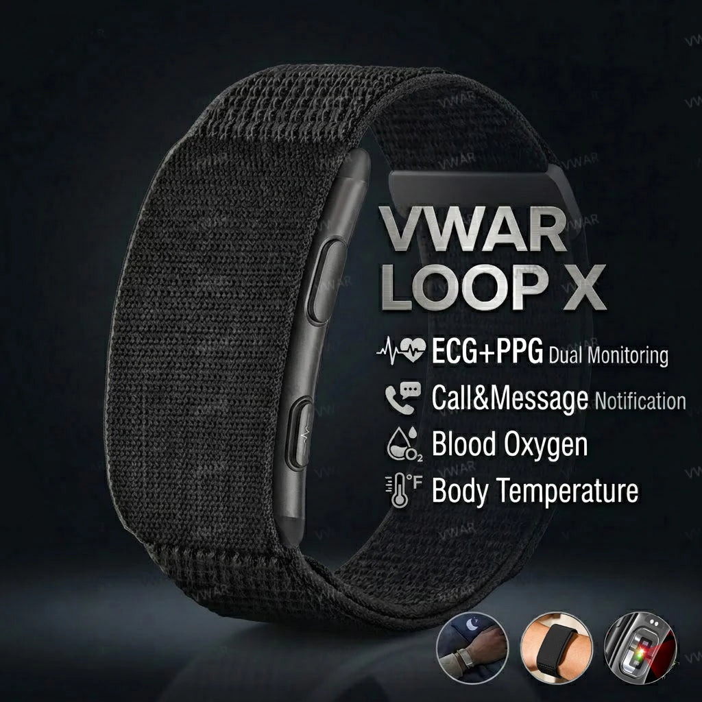 VWAR LOOP X smart bracelet with black woven strap and metal ECG sensor