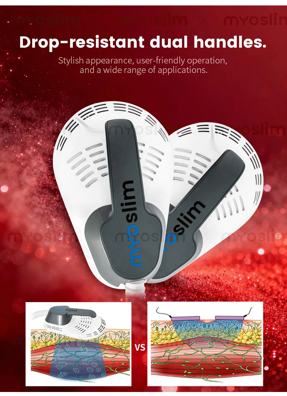 Two white, rounded electromagnetic muscle stimulation handles with dark grey ergonomic grips for body sculpting.