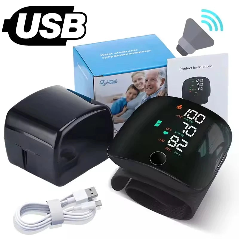 Voice Portable LED Wrist Blood Pressure Monitor Portable Rechargeable Digital Tonometer Sphygmomanometer BP Monitor