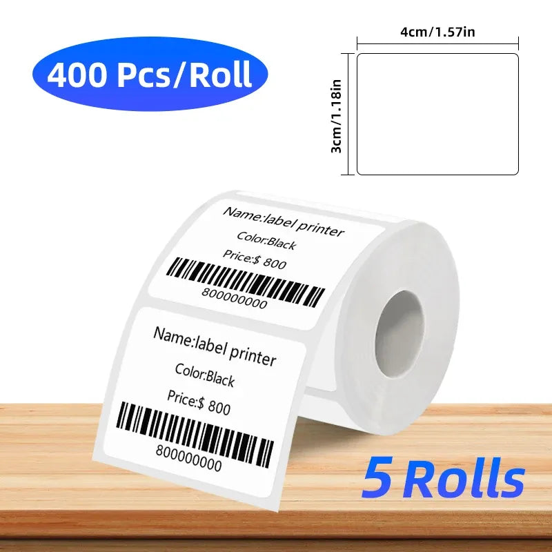 Coreless white thermal label roll with 400 labels per roll, name and barcode labels