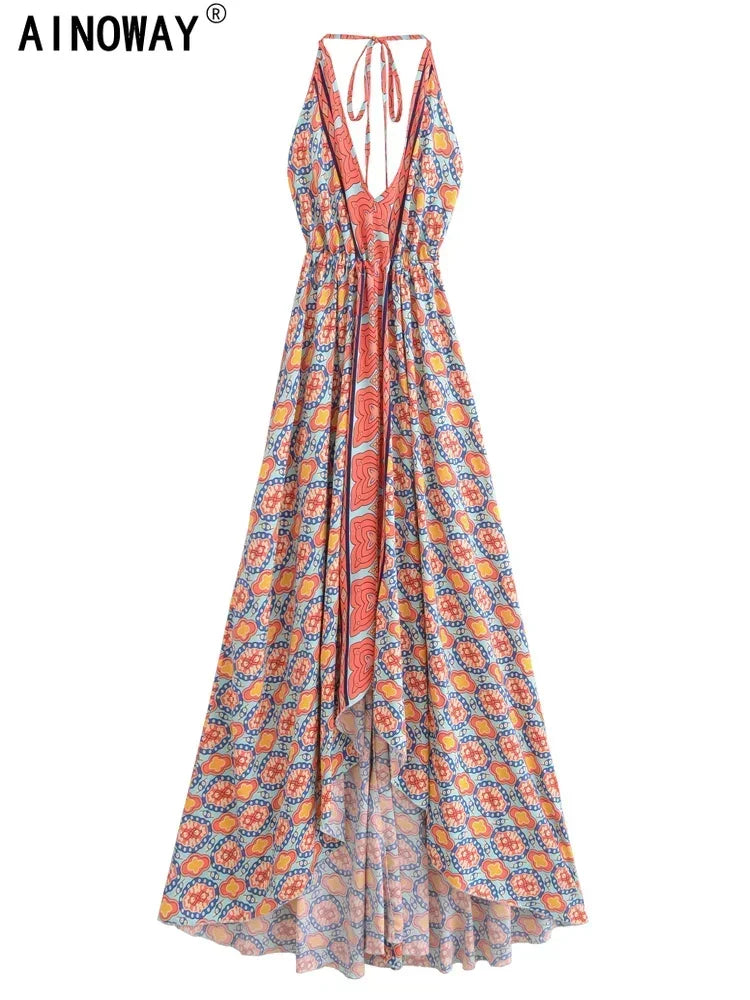 Vintage Women Geometric Print Backless Sexy Beach Bohemian Maxi Dress Lady High-Low Tassel Strapless Vacation Summer Boho Dress