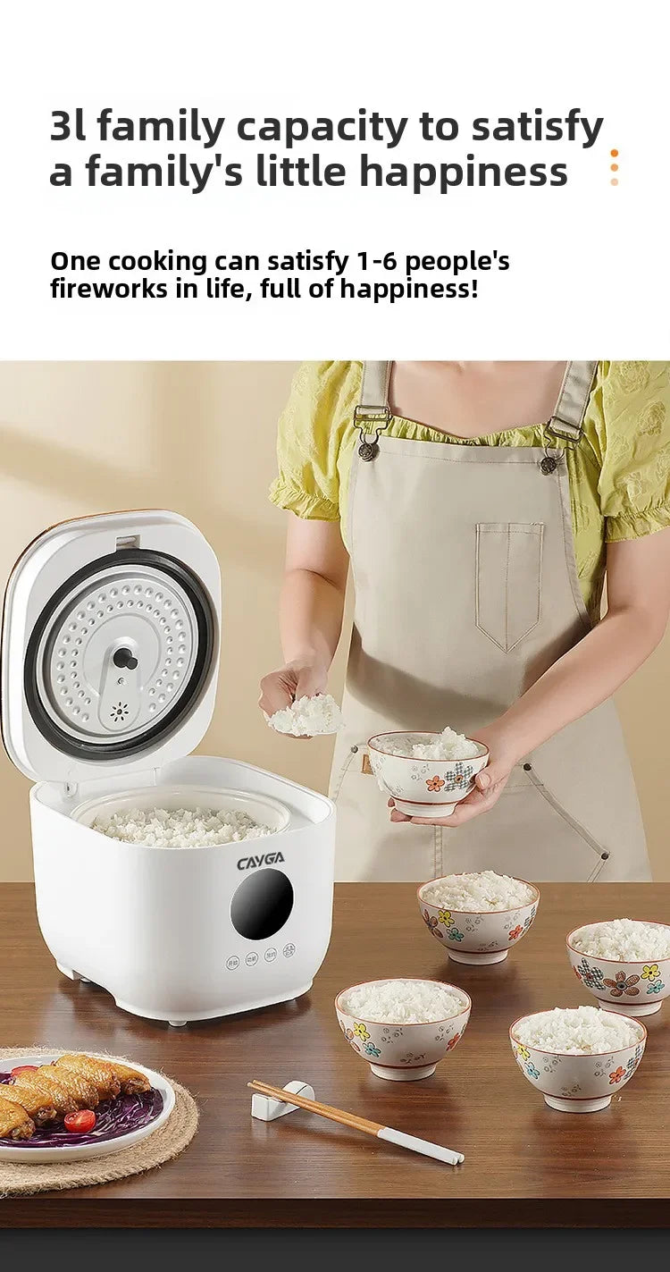 White 3L family mini electric rice cooker on kitchen table with small bowls