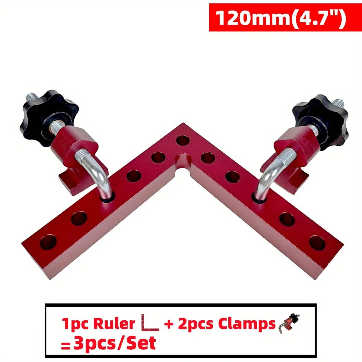 120mm red right-angle corner clamps with ruler scales and black screw handle clamps