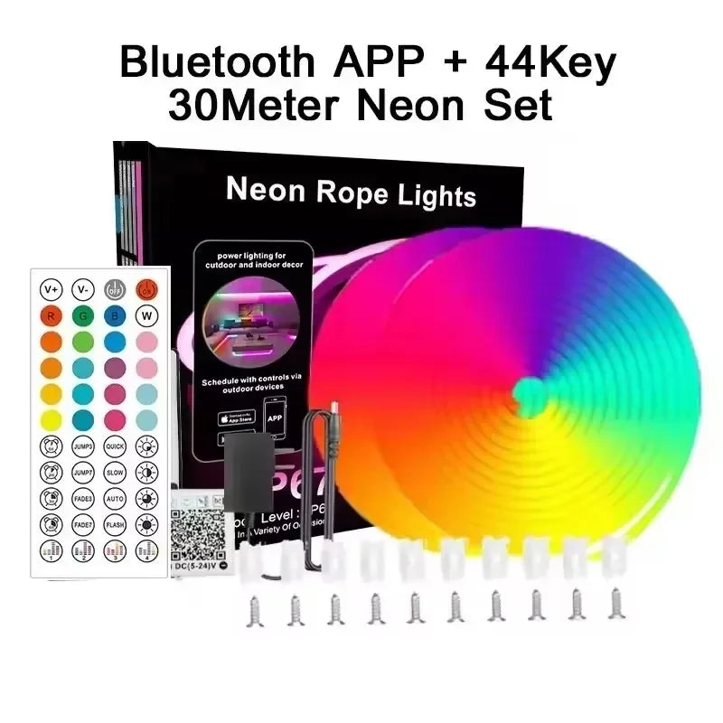 Bluetooth app neon rope light kit, 30m RGB LED strip with app controller and mounting screws
