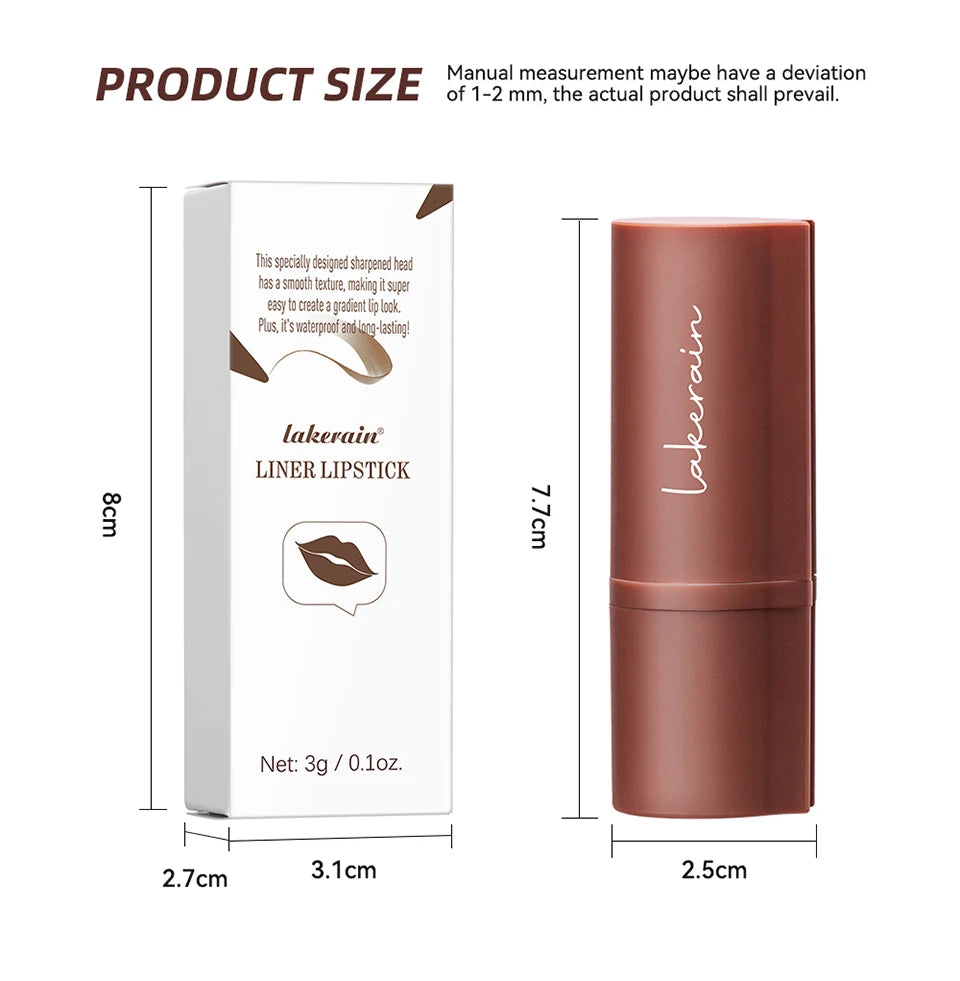 Lakerain waterproof red-brown matte liner lipstick pen with packaging, showing product dimensions for gradient lip look.