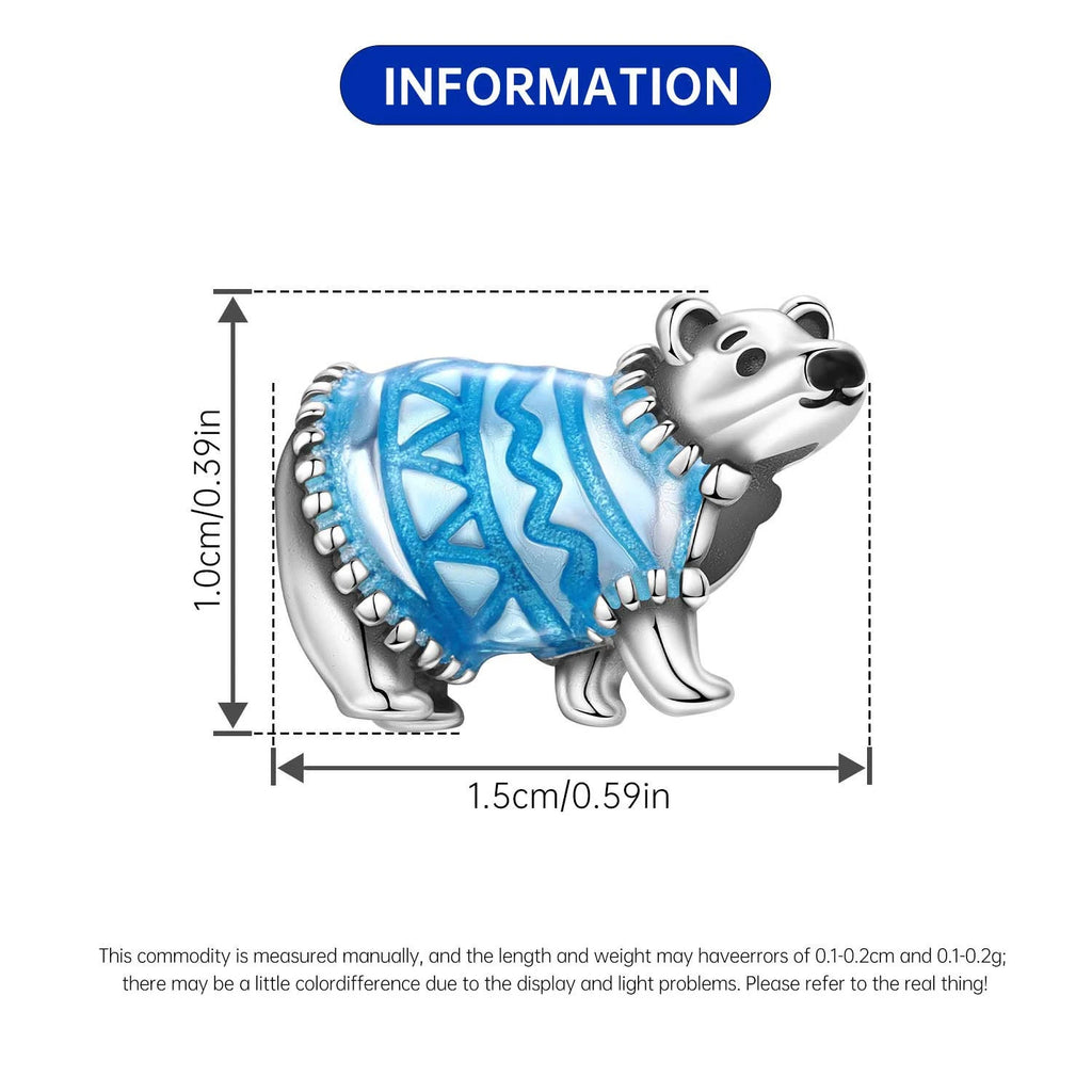 Sterling silver bear charm bead with blue sweater for DIY bracelets, 1.5cm trendy animal jewelry gift for pet lovers.
