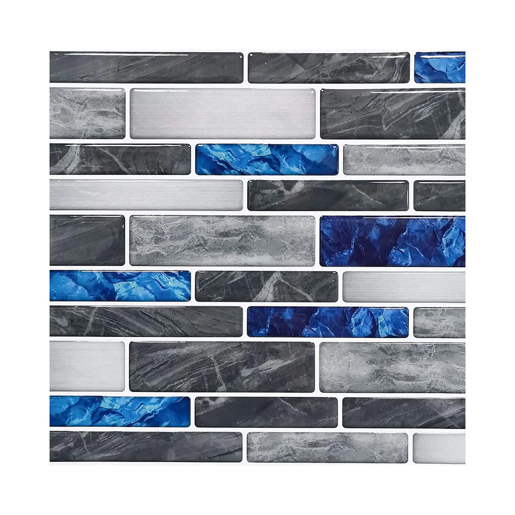 Self-adhesive 3D mosaic tile sticker sheet, blue and gray brick pattern, flat layout