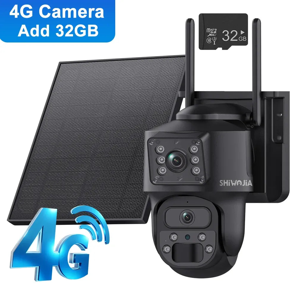 Black outdoor solar security camera with dual lenses and 4G connectivity