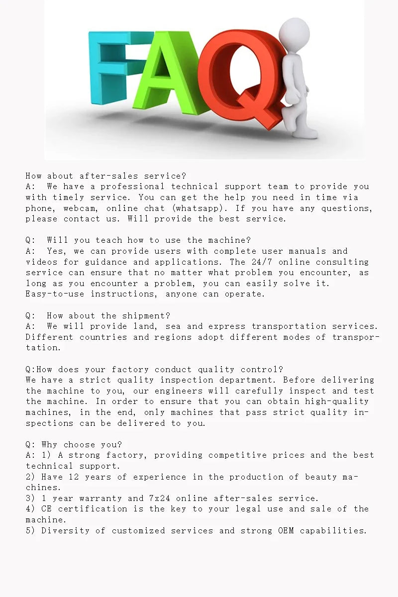 FAQ document for LDM face lifting, anti-aging, and collagen beauty machine with after-sales and shipping information.