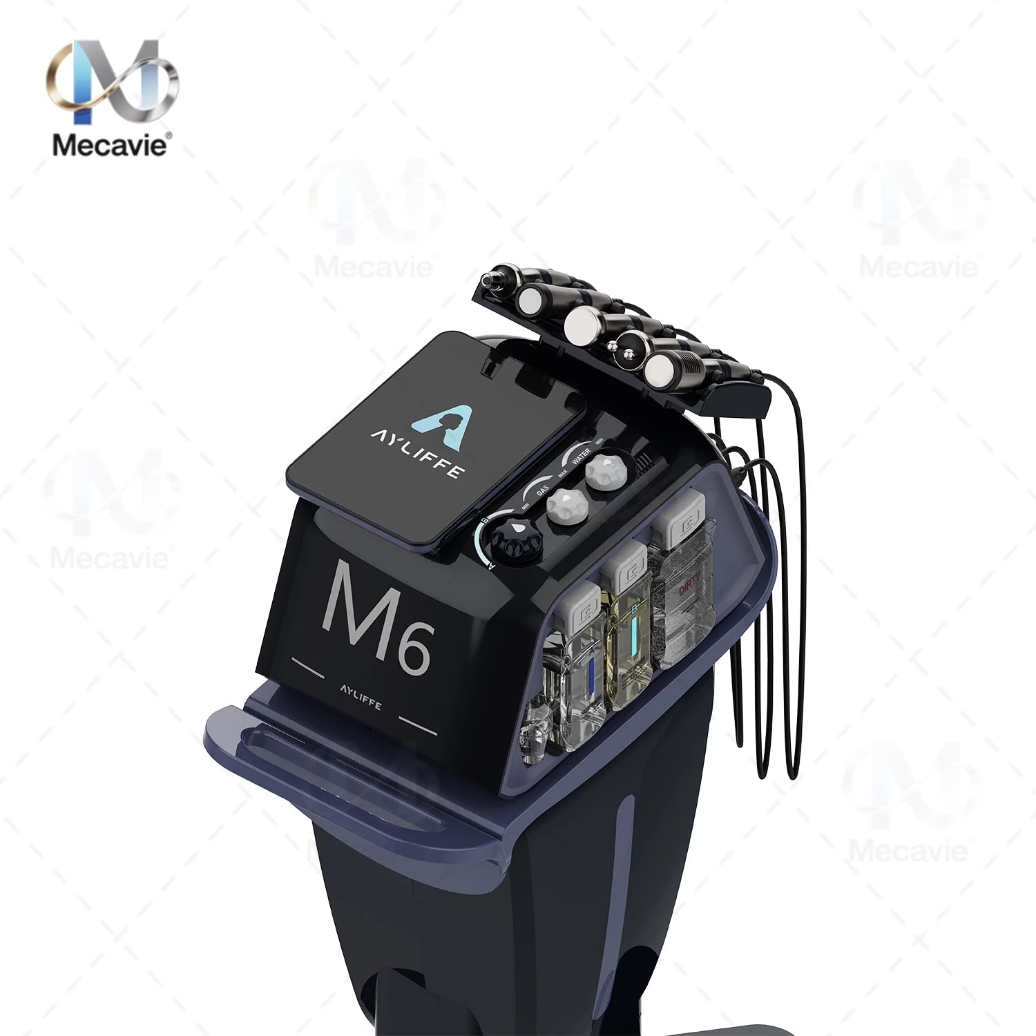 6-in-1 oxygen microdermabrasion facial machine with blackhead removal tools, sleek black home beauty skin care device.