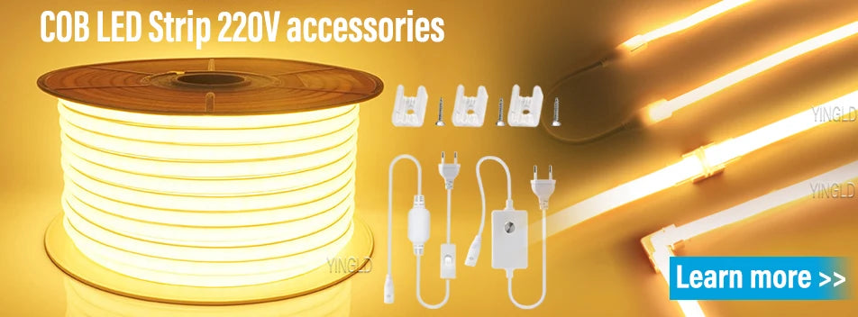 220V COB LED Strip with Switch /Dimmable Waterproof 360LED Strip EU Plug for Outdoor Indoor Room Backlight Garden Kitchen TV