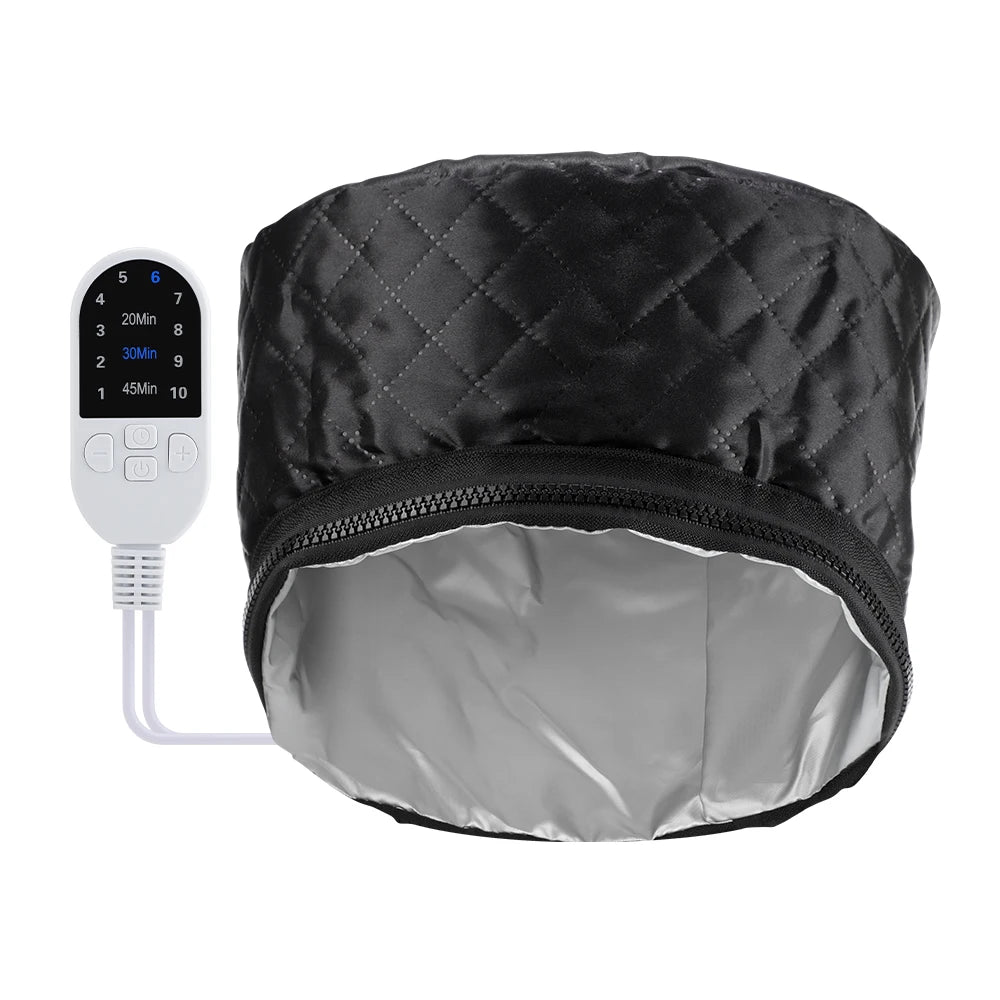 Black quilted electric hair steamer cap with 10-level heat control and timer for deep conditioning spa hair care.