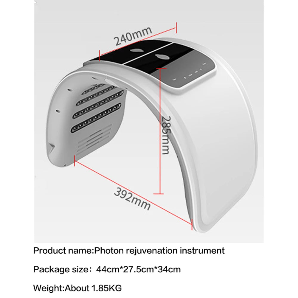 White arched LED photon rejuvenation instrument with touch control panel, labeled with 392mm x 285mm x 240mm dimensions.