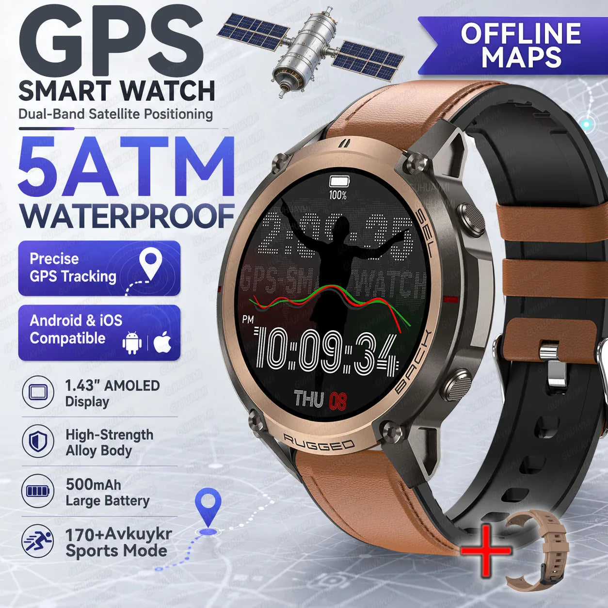New Outdoor Sport GPS Position Smart Watch Men 1.43'AMOLED 170+Sport Mode 5ATM Waterproof Heart Rate Fitness Tracker Bracelets