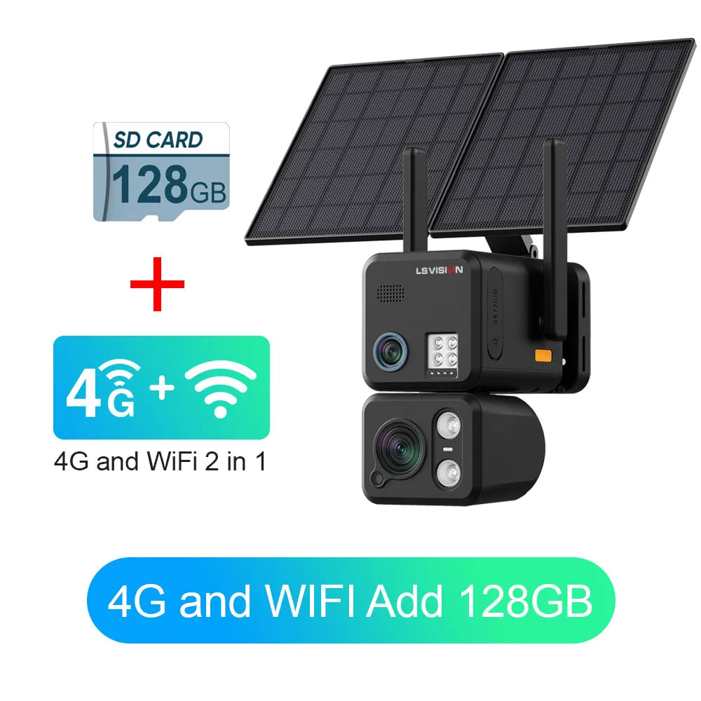 Outdoor 4G Wi‑Fi solar security camera with dual lenses and 128GB SD card bundle