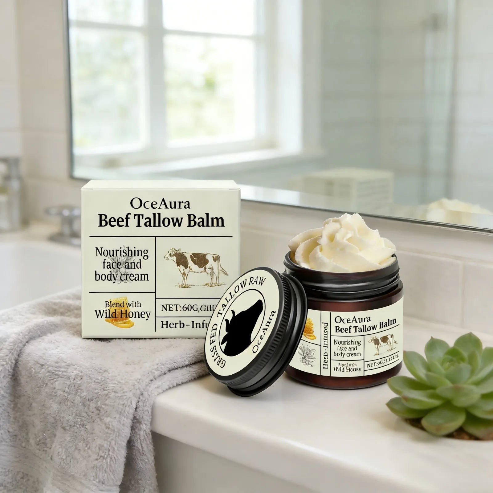 OceAura Beef Tallow Honey Balm Smooth Skin Barrier Repair Care Anti Cracking Body Moisturizer Olive Oil Nourishing Face Cream