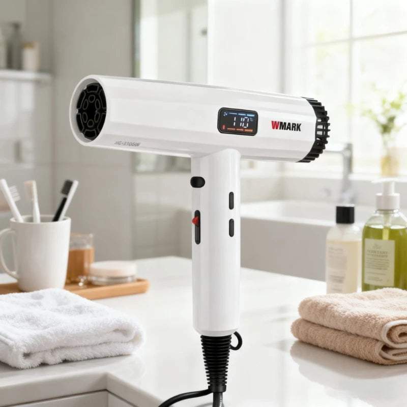 WMARK NG-9106W white professional ionic hair dryer with LCD display, heat control settings, and sleek modern design.
