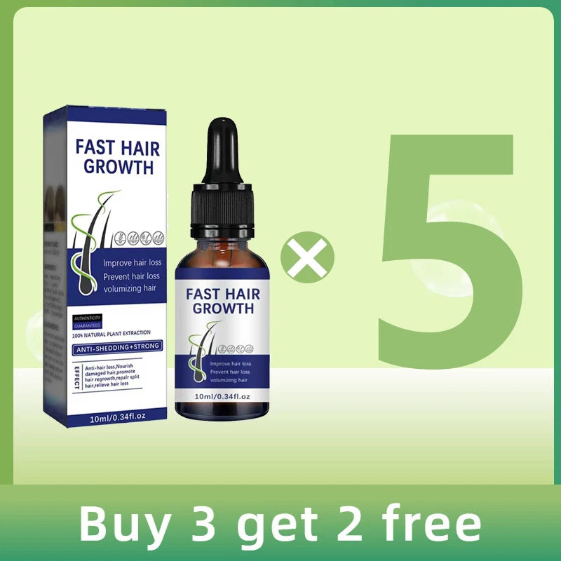 Amber glass dropper bottle of Fast Hair Growth essence with box, labeled 10ml, featured in a Buy 3 Get 2 Free bundle.