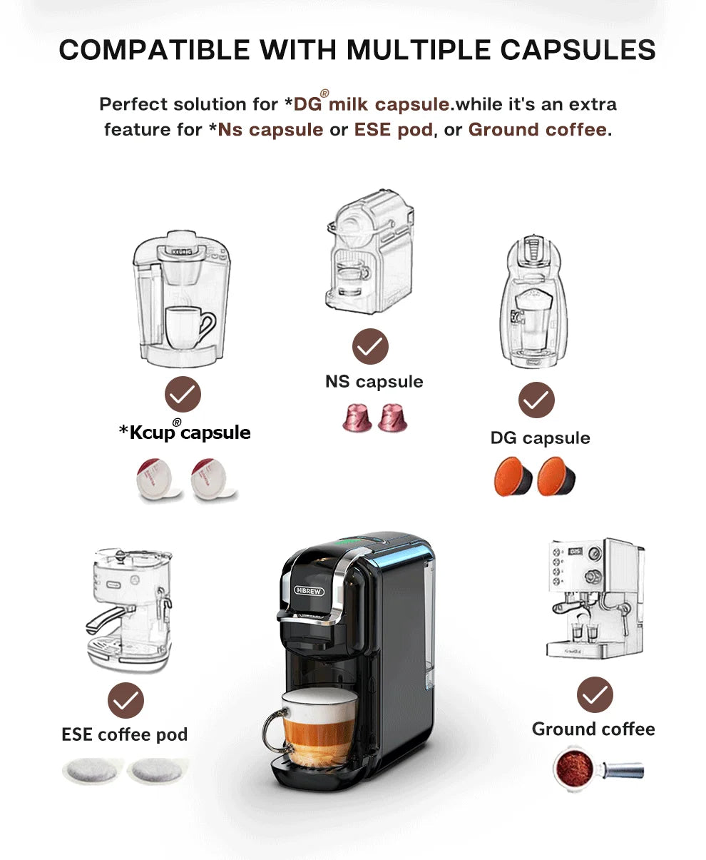 HiBREW multi-capsule coffee maker in black, compatible with Nespresso, Dolce Gusto, ESE pods, and ground coffee.