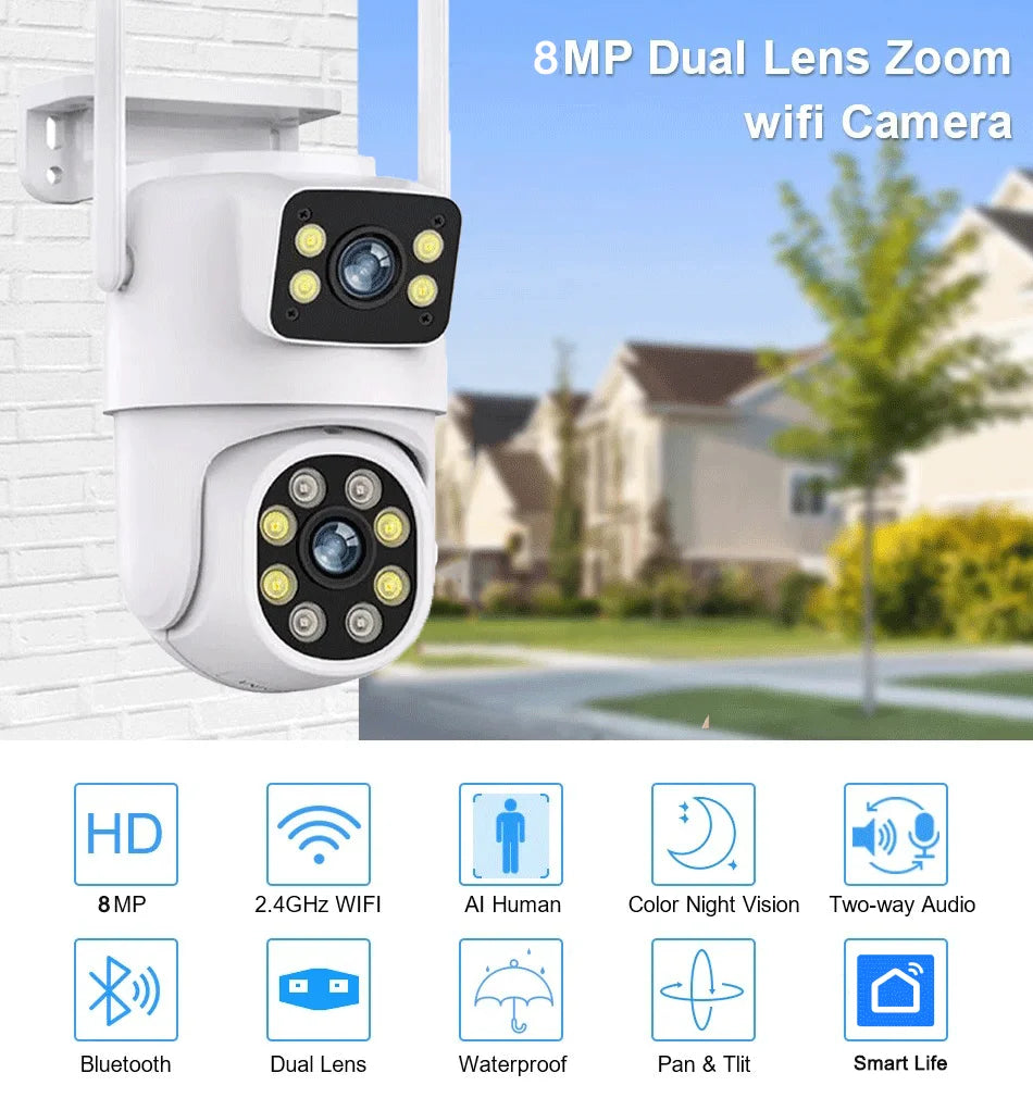 4K 8MP Tuya Dual Lens WIFI Camera PTZ Outdoor Dual Screen Ai Human Auto Tracking Security Camera Surveillance with Alexa Google