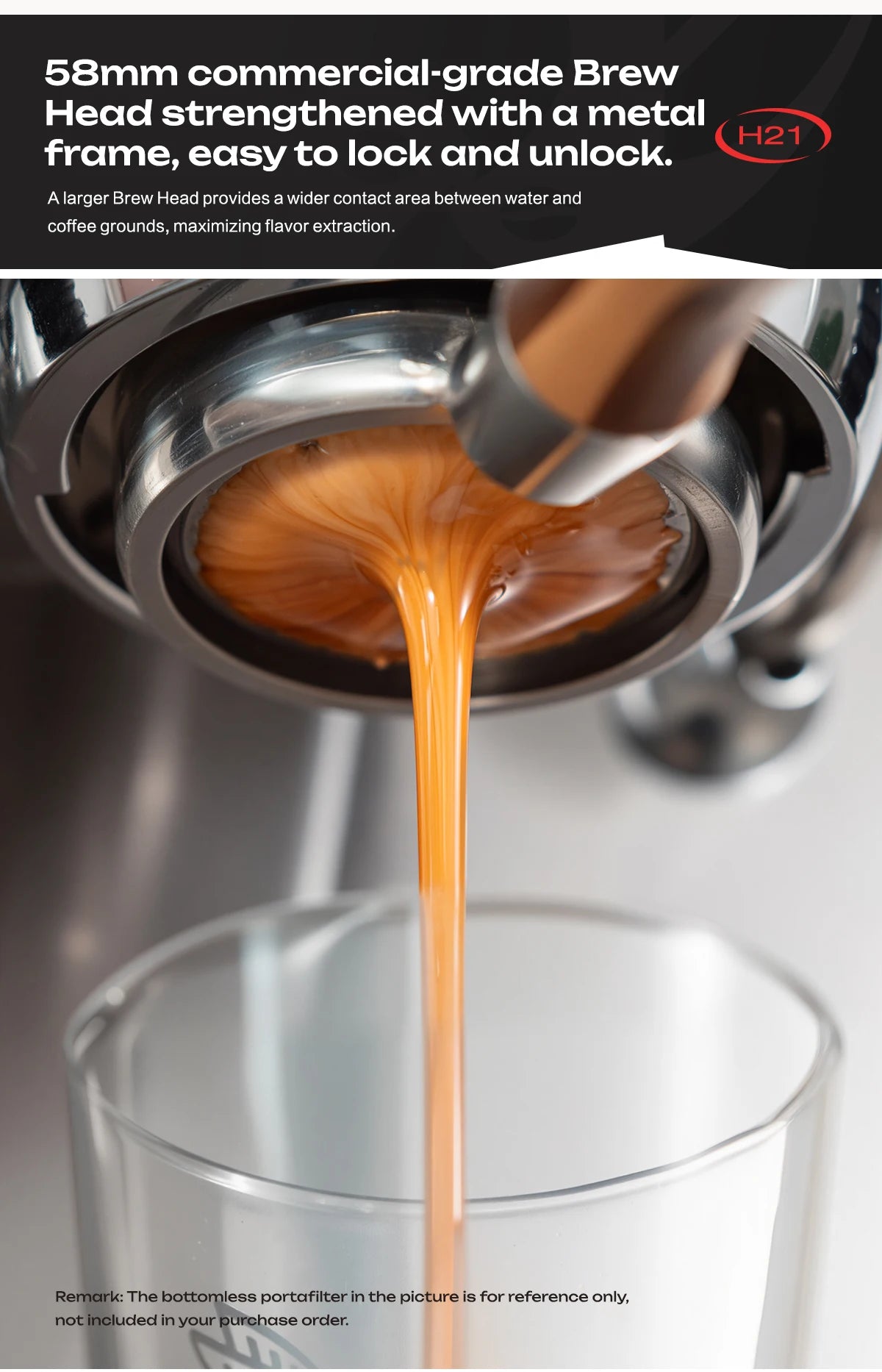 H21 commercial 58mm metal espresso brew head pulling a fresh shot of coffee into a clear glass.