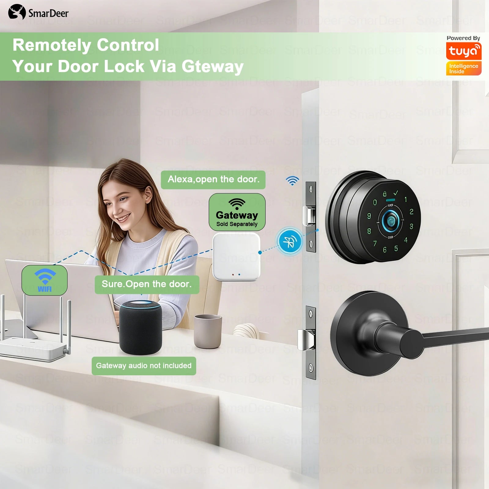 SmarDeer Fingerprint Door Lock, Electronic Keyless Entry Door Knob Lock with Handle, Remote Passcode Generation for Tuya Smart