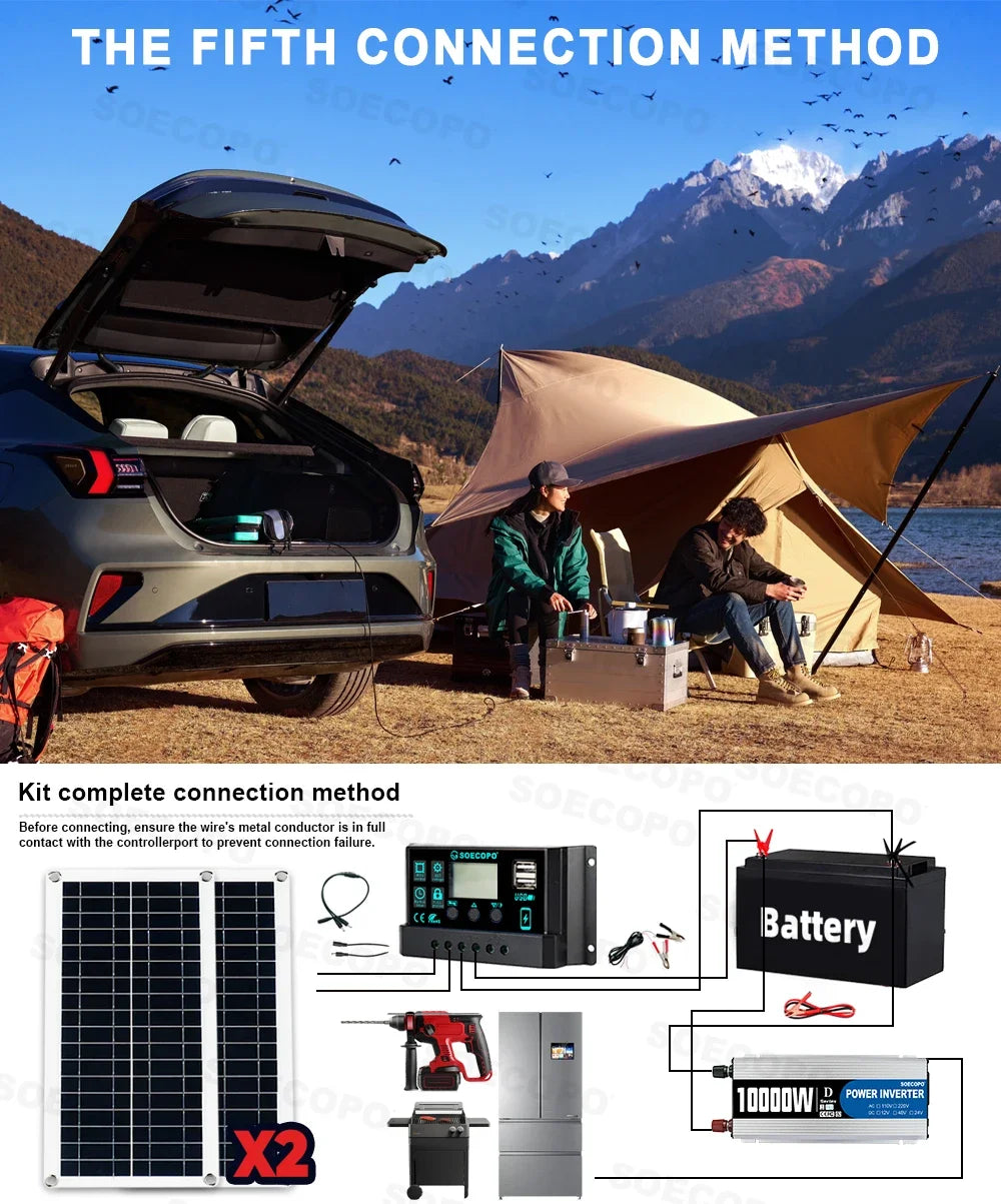 Caravan Solar System Kit Camping DC 12V - AC 110V/220V Inverter Complete Solar Kit for Home 10000w USB 5V/1.5A 100A Controller