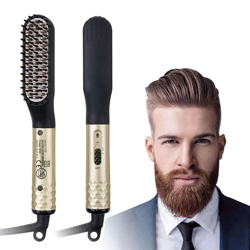 Black and gold portable electric beard straightener brush with fast-heating styling comb for professional men's hair.