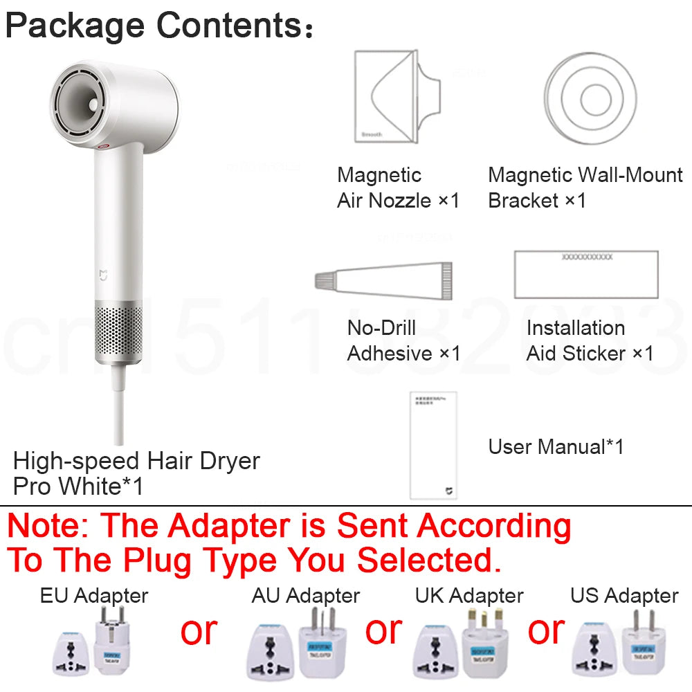 MIJIA High-Speed Hair Dryer Pro in white with magnetic nozzle, wall mount, and universal power adapter options.