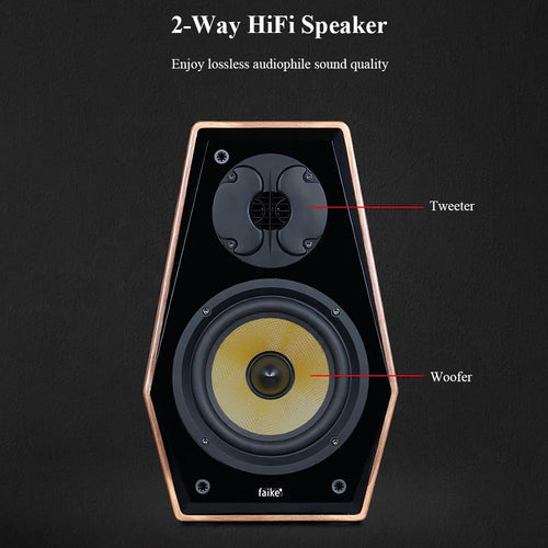 Front view of wooden 2-way speaker with tweeter and woofer drivers