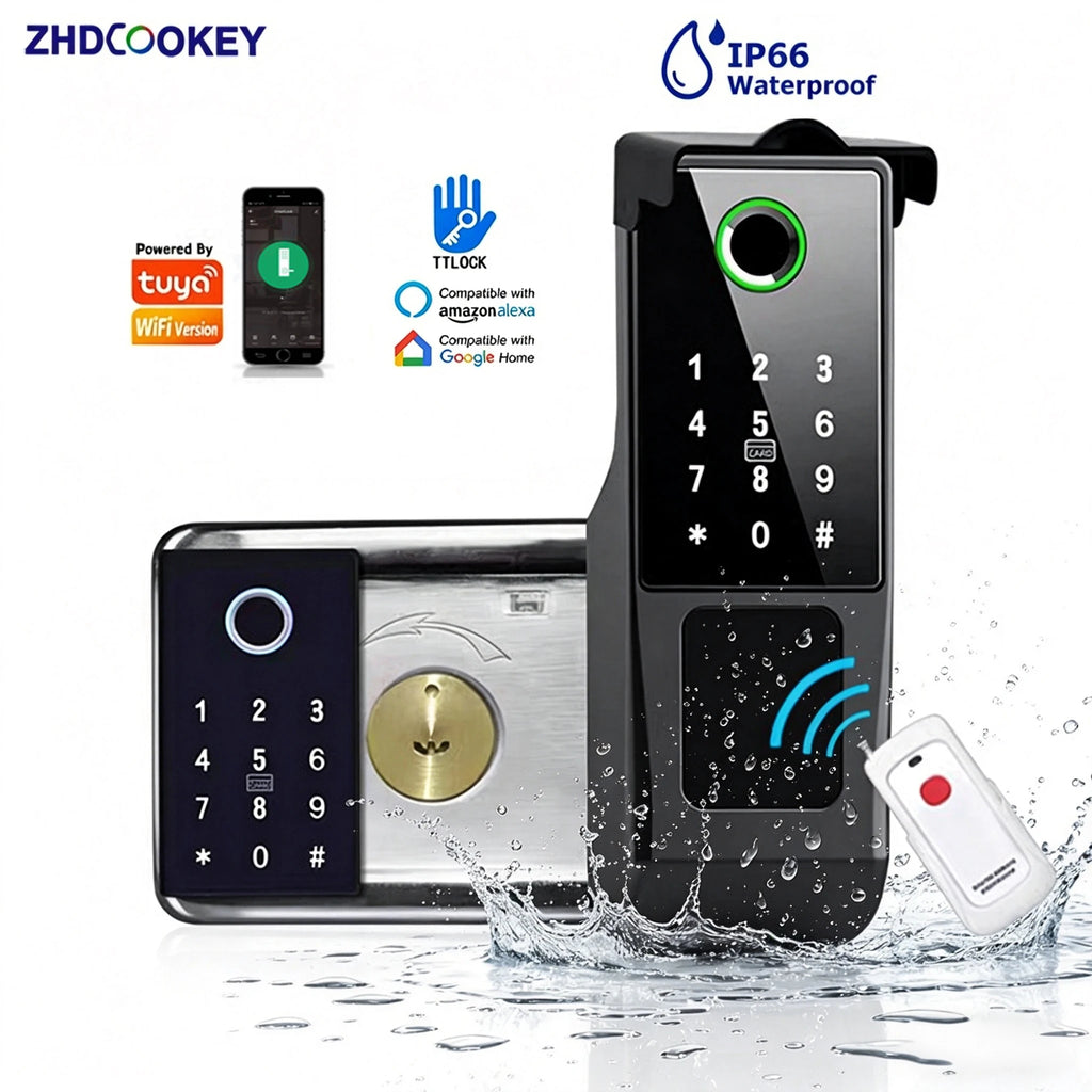 Tuya WiFi Double Side Fingerprint Door Lock IP66 Waterproof Passcode RFID Card Remote App Smart Lock For Outdoor Courtyard Gate