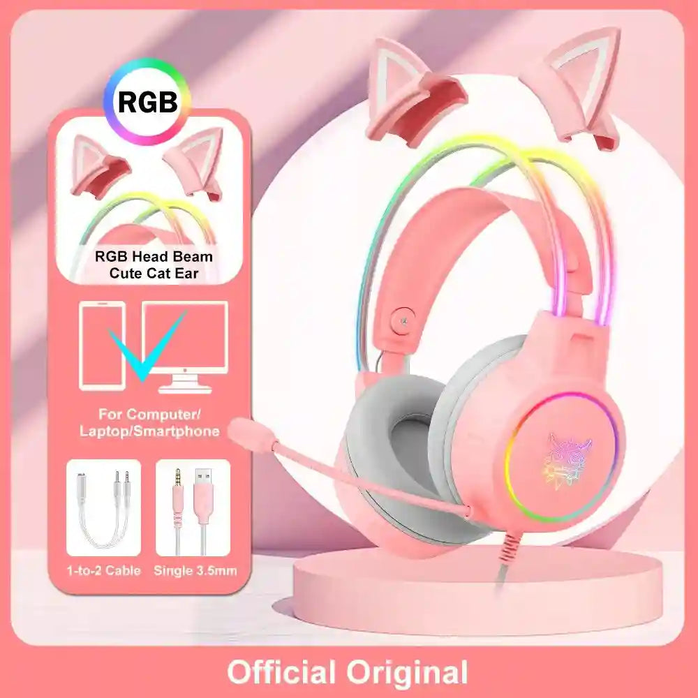 Pink Cat Ear Gaming Headset | Wireless Over-Ear Headphones with Mic Tidesmit