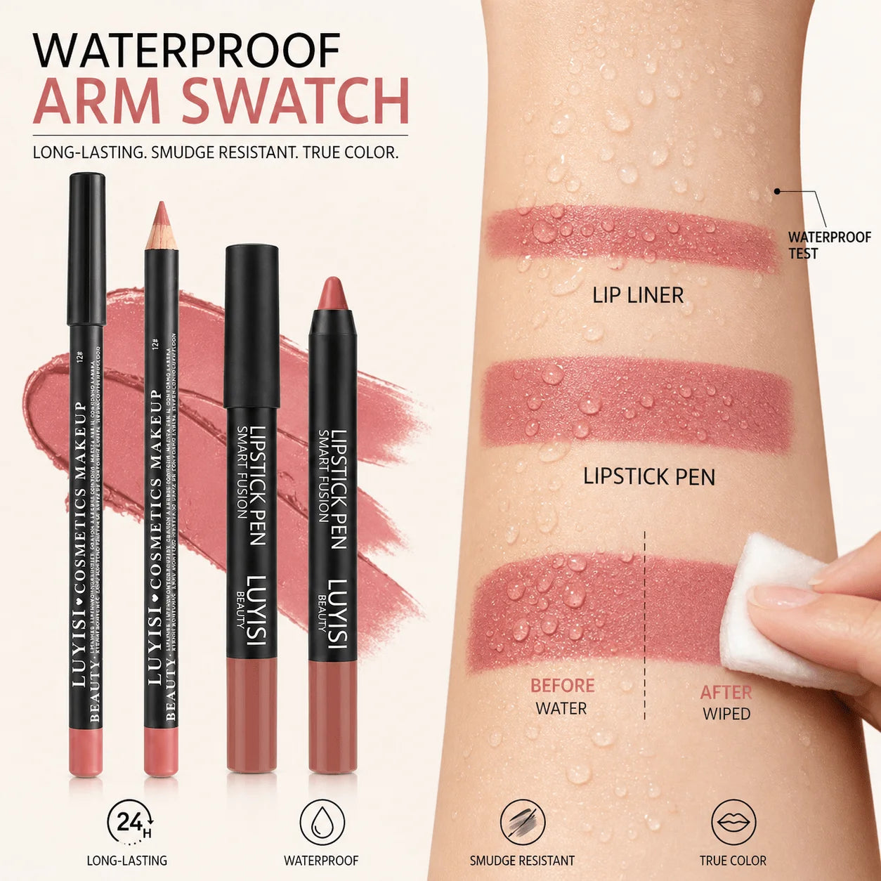 2pcs velvet lip set with matte lip liner and waterproof lipstick pencil featuring a long-lasting pink arm swatch test.