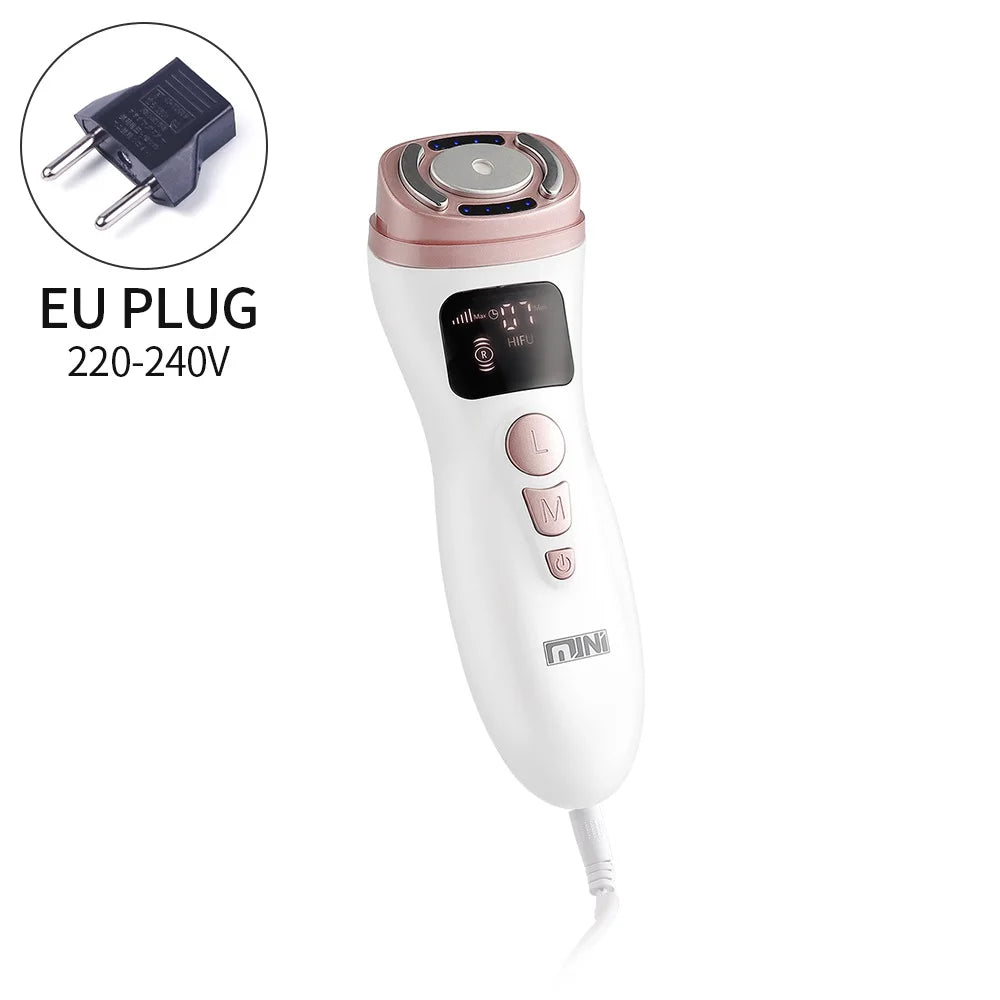White and rose gold handheld HIFU facial tightening device with digital display, buttons, and EU power adapter.