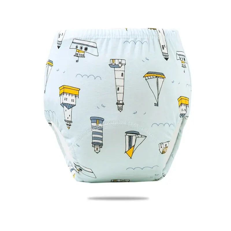 Baby care potty training pants with lighthouse and boat nautical print, light blue cotton diaper style underwear.