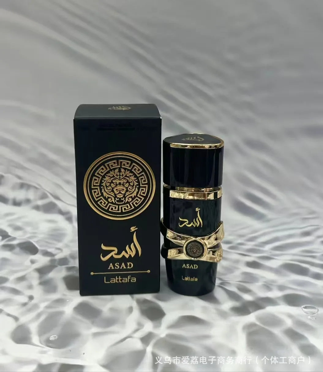Lattafa Asad EDP for men: luxury black cylindrical bottle with gold emblem, long-lasting oriental fragrance, 30ml size.