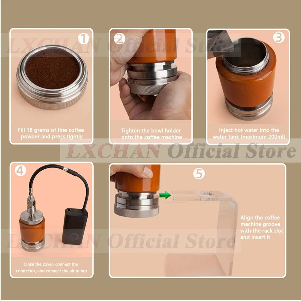 LXCHAN portable 200ml coffee maker with wood and stainless steel finish, showing 5-step manual brewing instructions.
