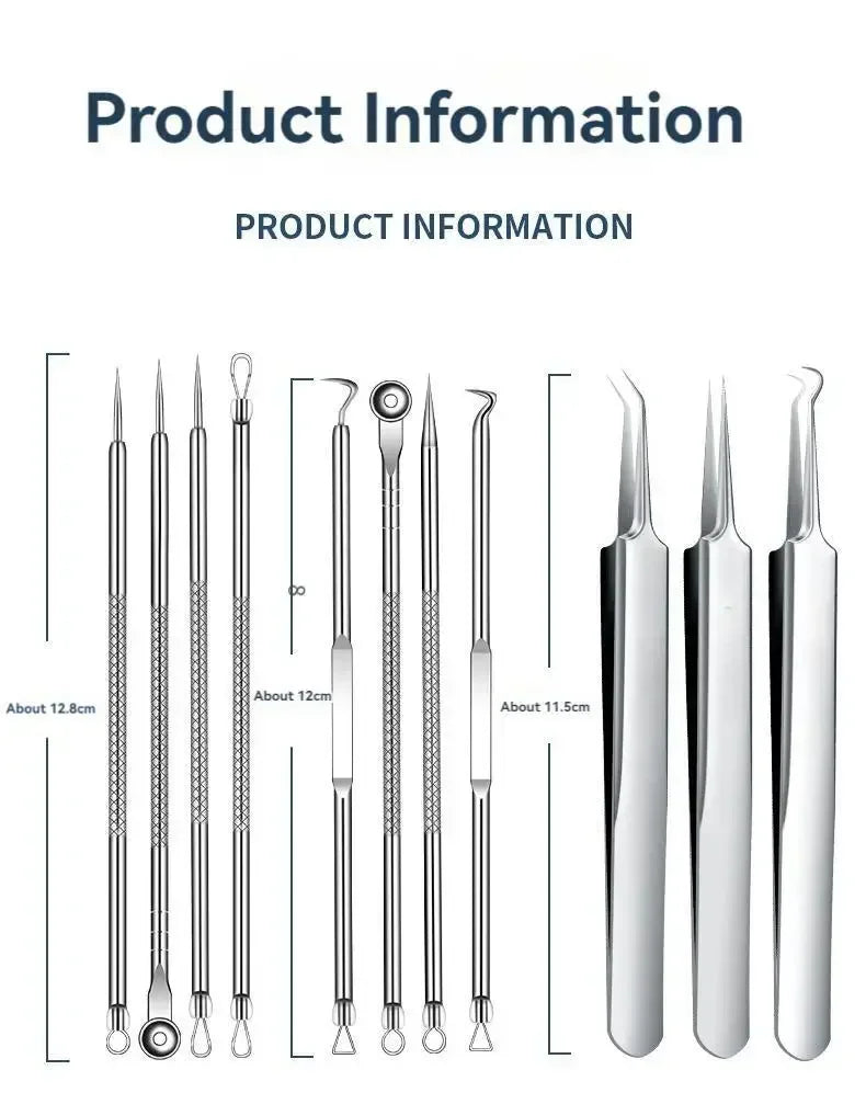 An 11-piece set of stainless steel acne needles and tweezers in various shapes for pore cleaning and skin care.