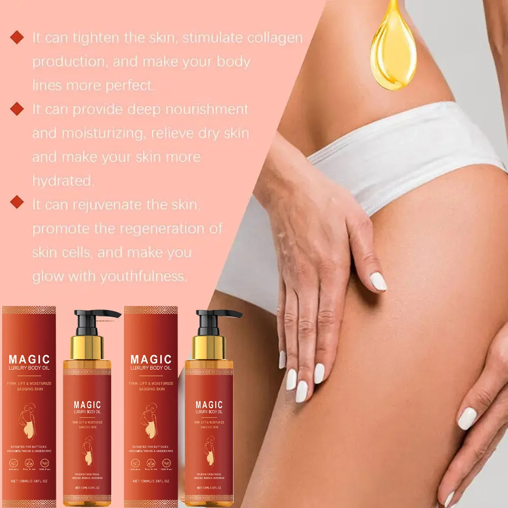 Magic Luxury Body Oil in pump bottles for firming and moisturizing skin, shown with a person applying it to their hip.