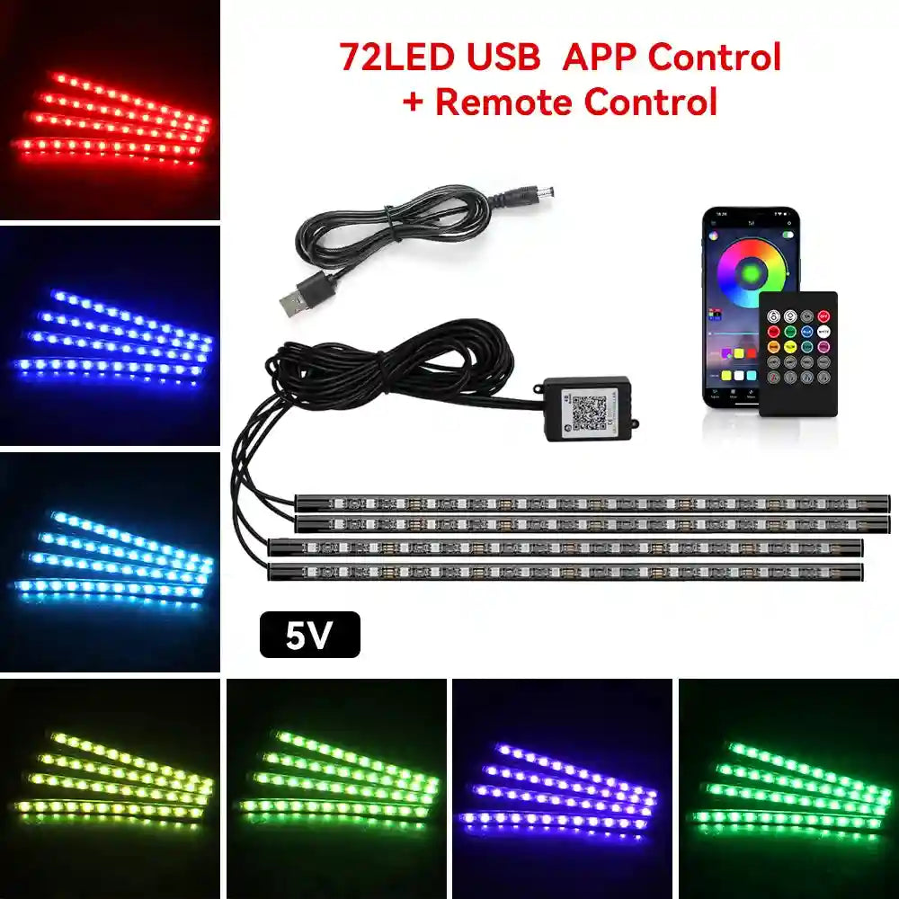 Tidesmit Car Interior LED Ambient Lights - App Controlled RGB USB Lighting 72LED Remote APP USB Tidesmit