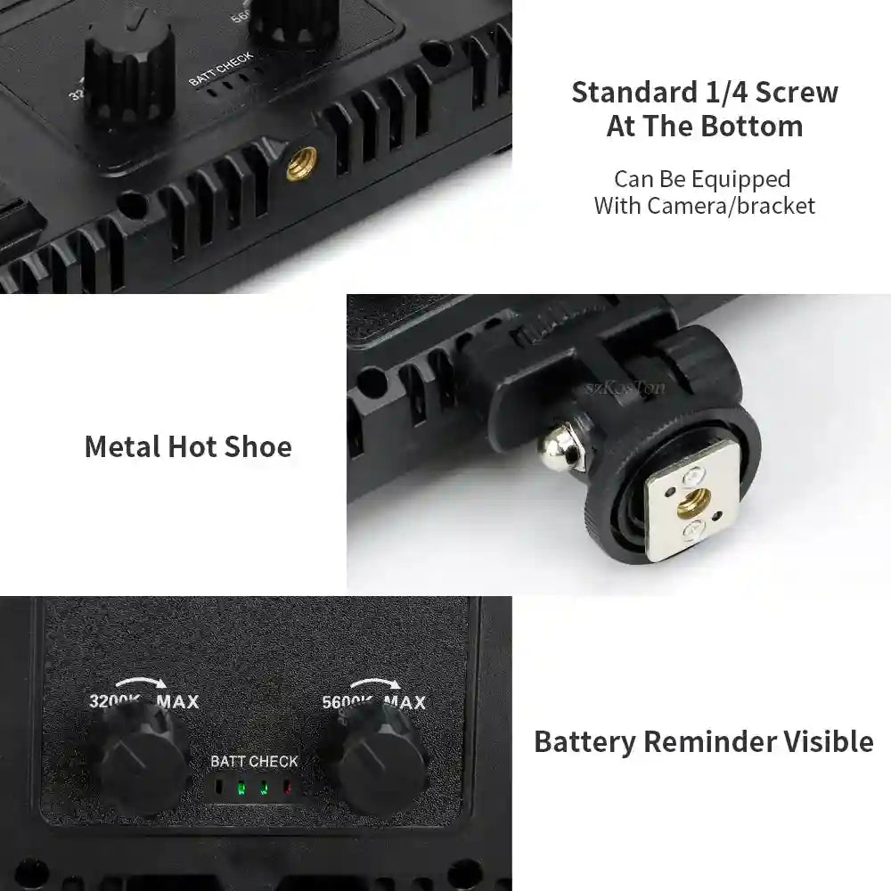 LED camera light with metal hot shoe, 1/4-inch screw mount, and dual adjustment knobs with battery level indicator.