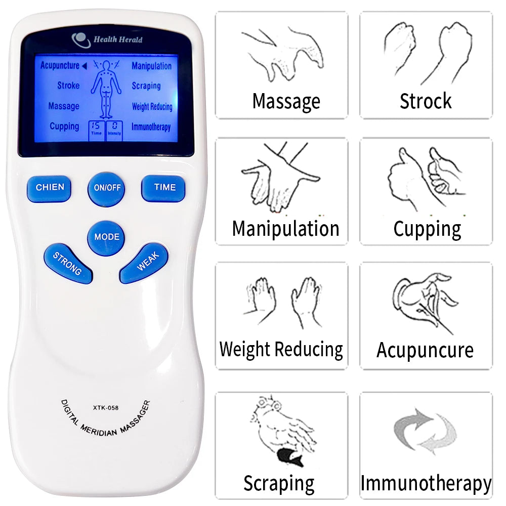 White digital TENS EMS pulse massager with 8 modes, LCD screen, and blue control buttons for muscle pain relief.