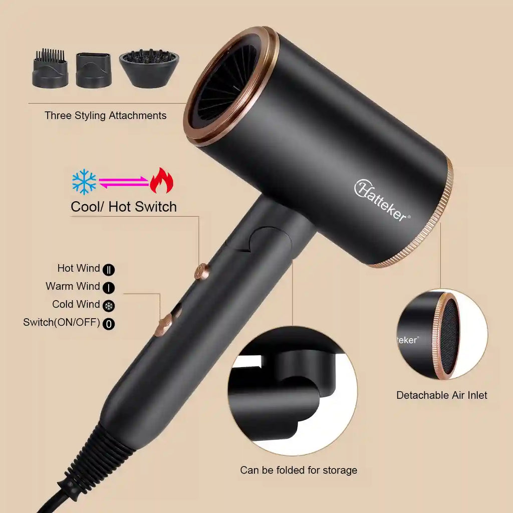 Hatteker foldable black negative ion hair dryer with 3 heat settings, 3 styling attachments, and detachable air inlet.
