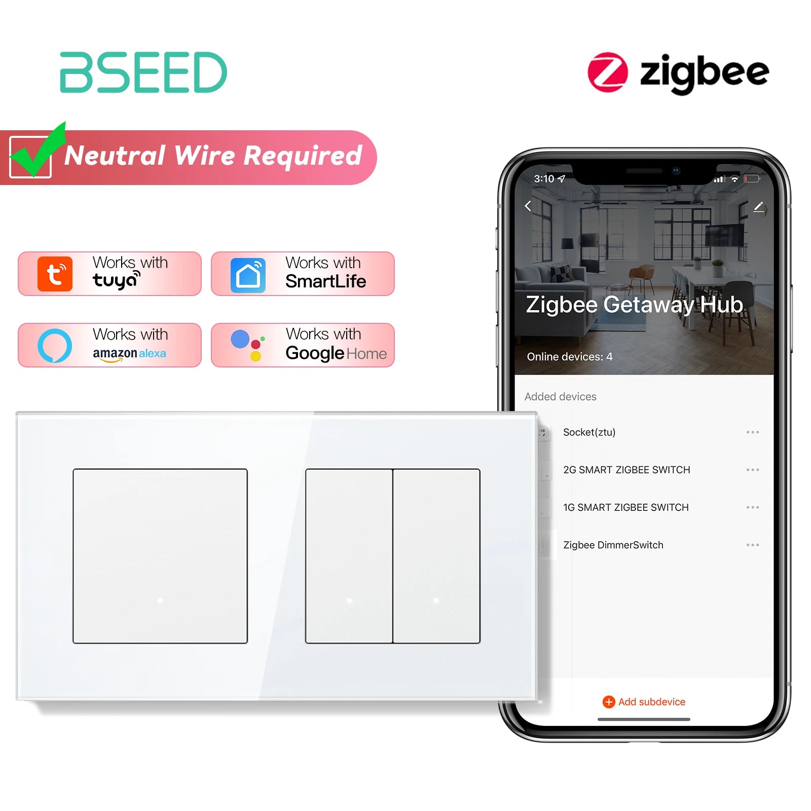 Zigbee Smart Light Switch Glass Panel - App-Controlled Automation Zigbee 1G 2G Sockets No Zigbee Tidesmit