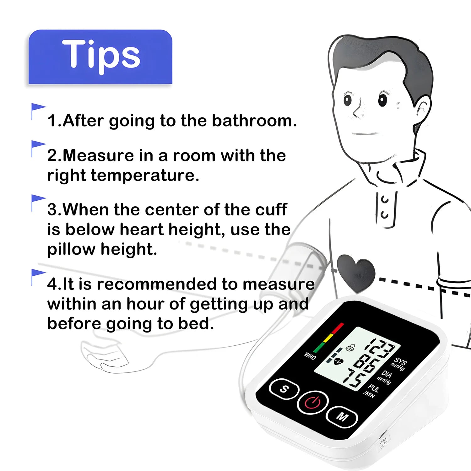 Arm Blood Pressure Monitor LCD Pressure Sensor Monitor BP Automatic Tonometer Digital Tensiometer LED Display Cuff Heart